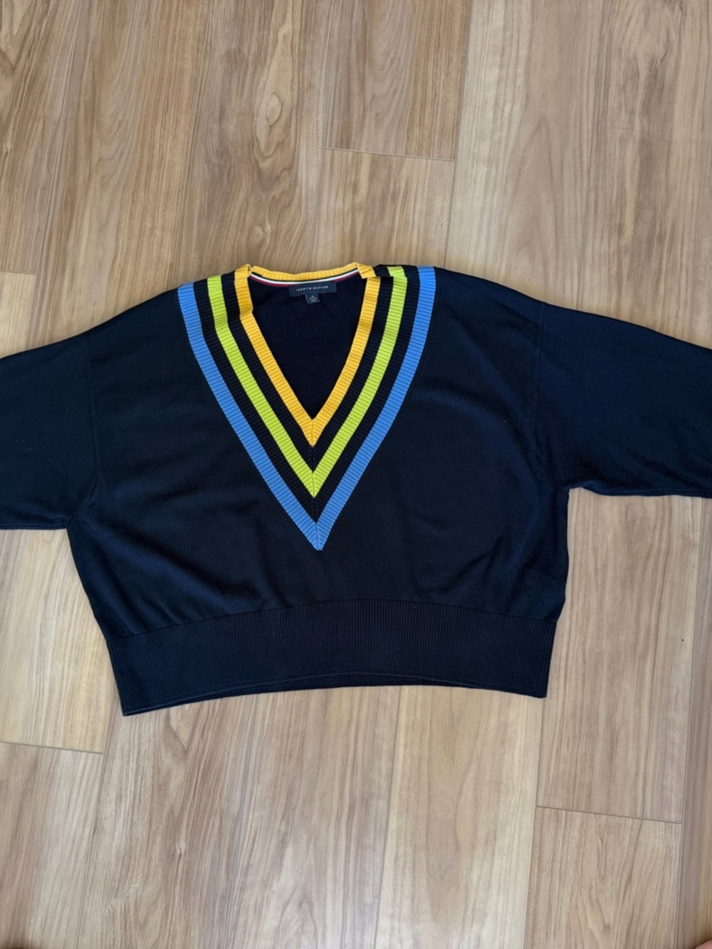 Tommy Hilfiger Black V-Neck Sweater with Blue, Yellow & Lime Stripes - Picture 2 of 3